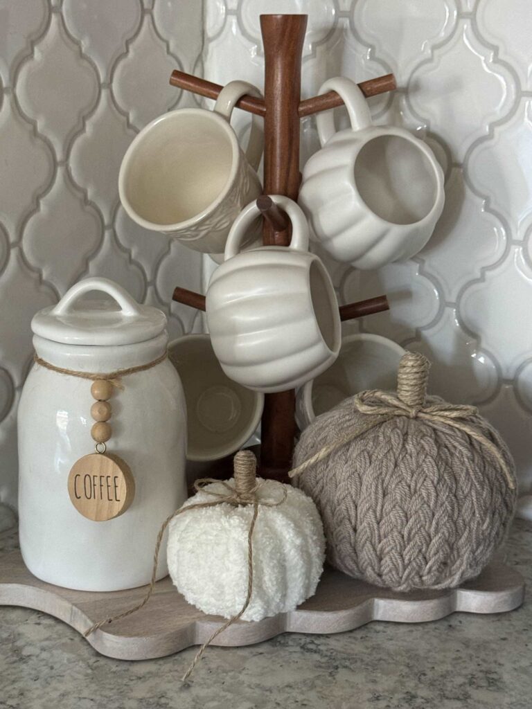 A coffee bar decorated for a fall home tour. 