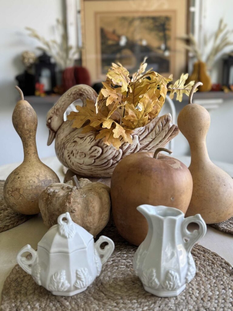 Swan planter, four gourds, ironstone cream and sugar set. 