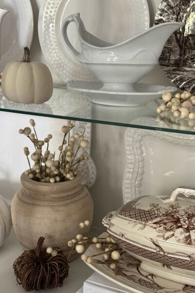 Shelves of china cabinet with ironstone and brown transferware dishes.