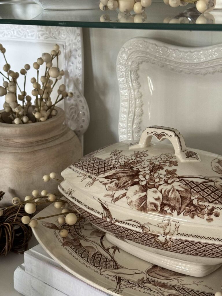 Brown transferware tureen and plate stand. 