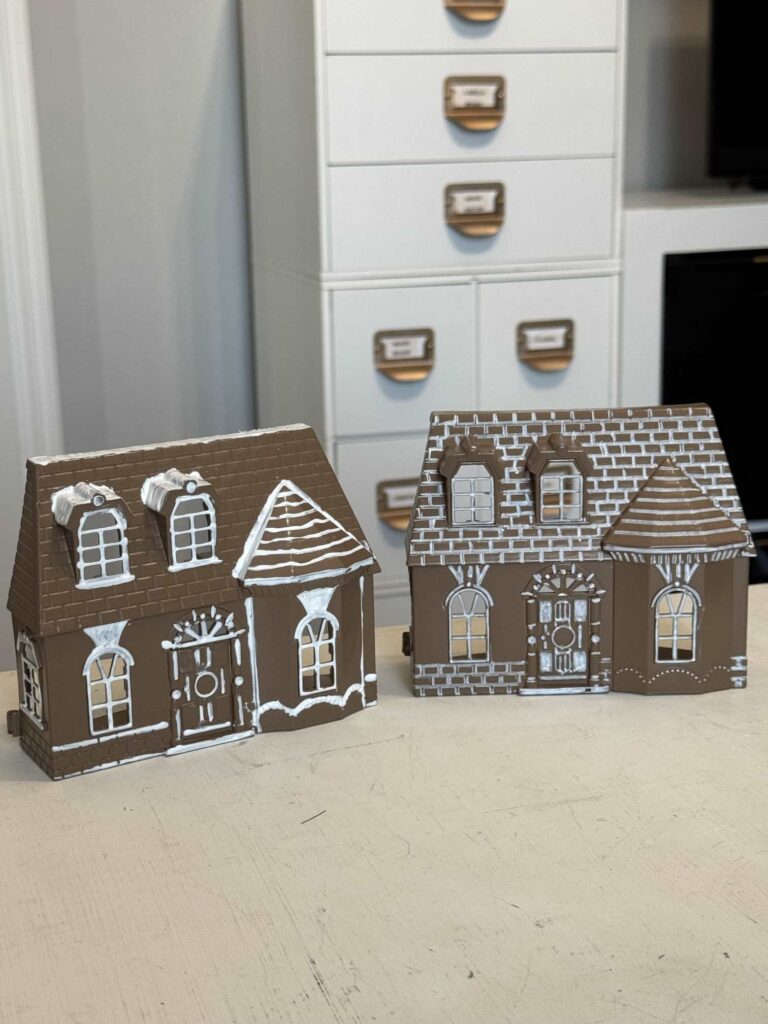 Two DIY gingerbread plastic houses. 