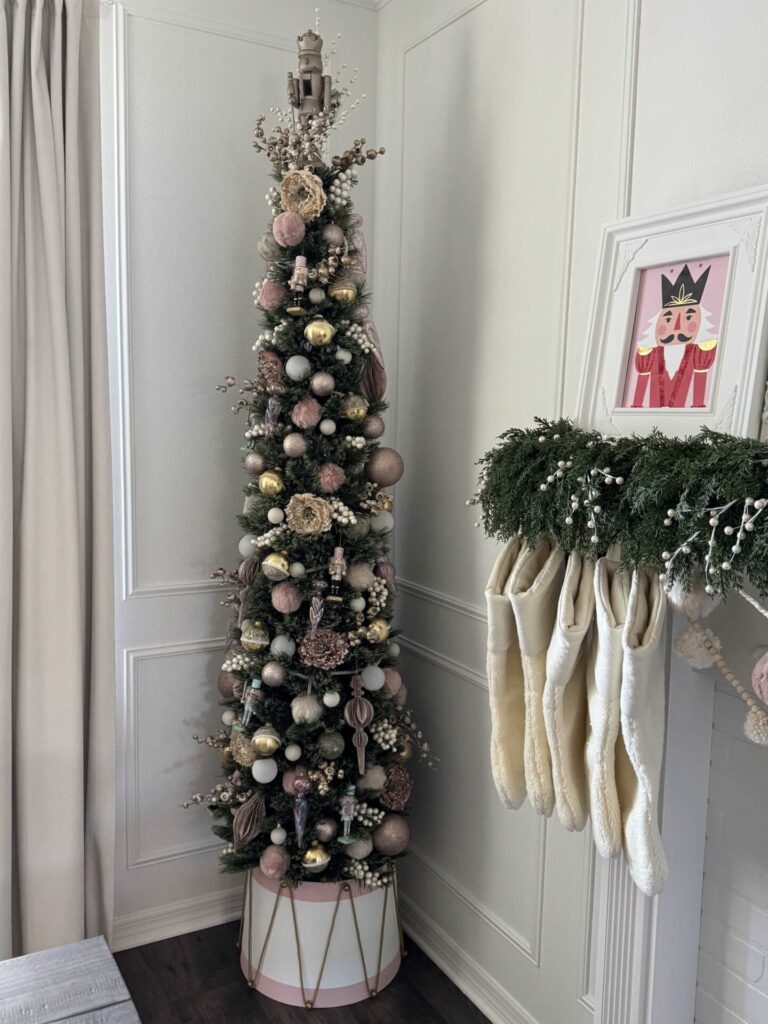 Pink and white decorated Christmas tree. 