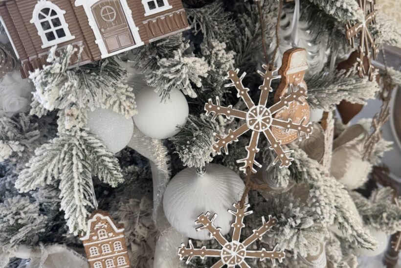 DIY Gingerbread house and garland on a tree.