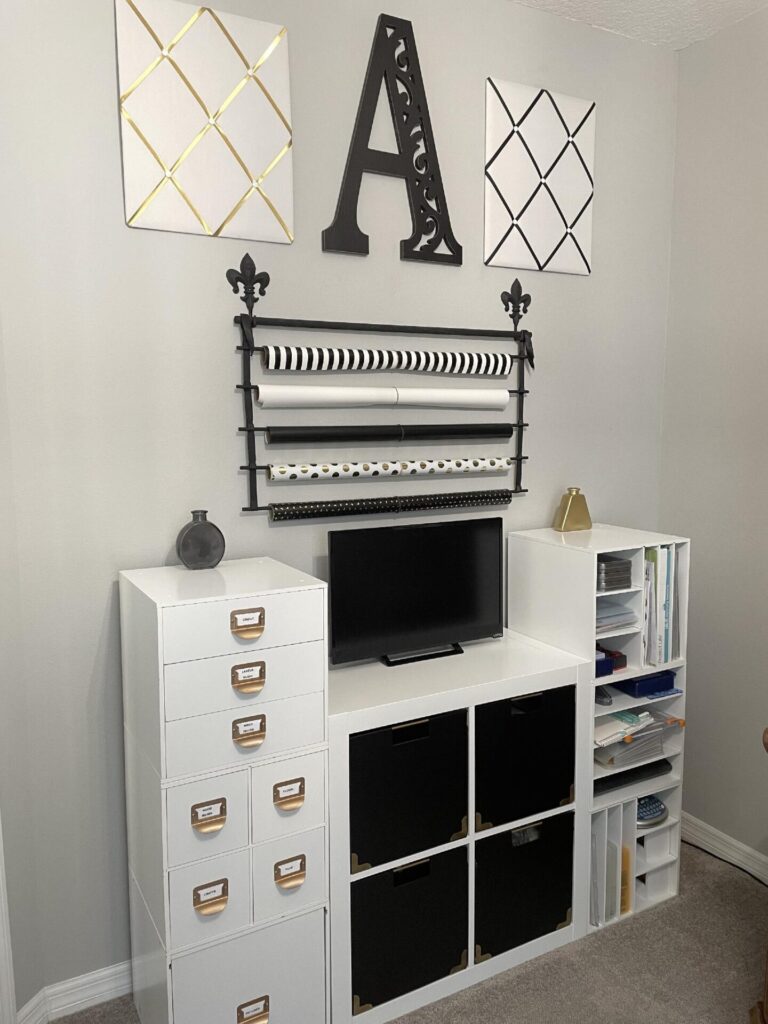 White cubes in an office, organized during the Winter Home Organization Challenge that hold craft supplies.