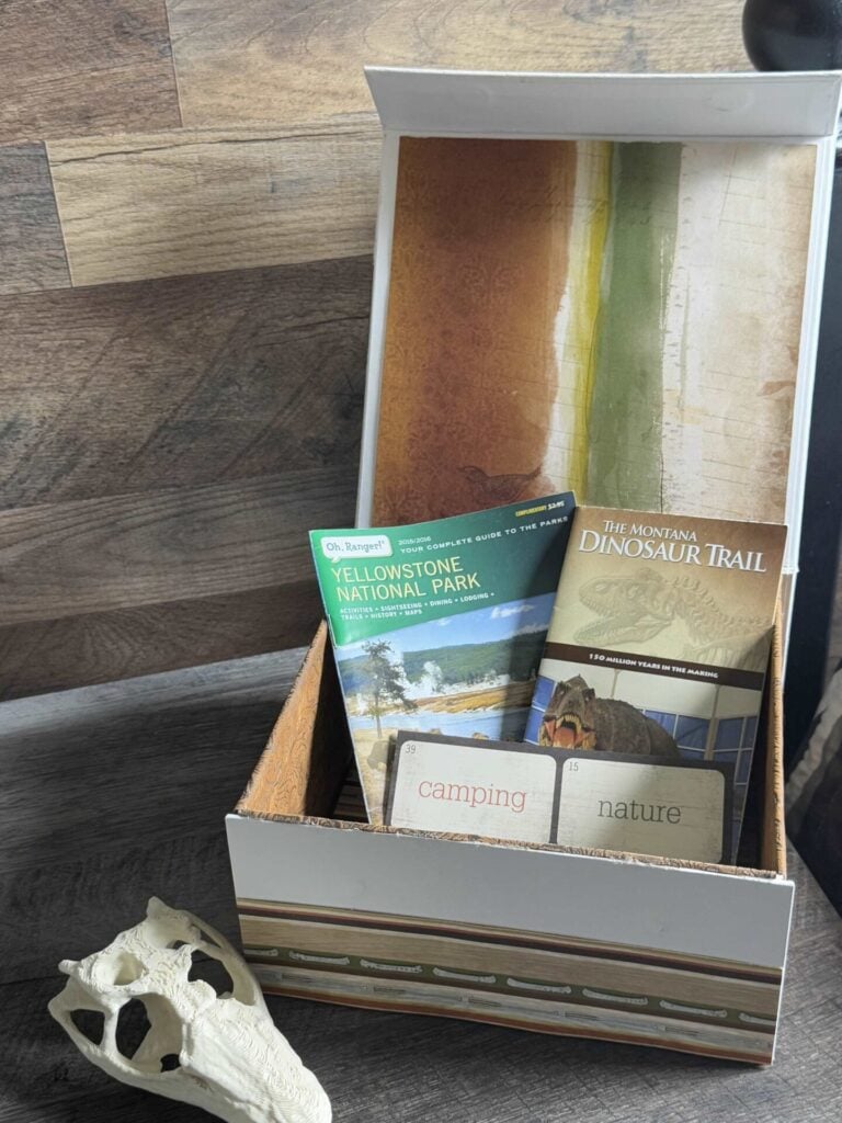 Maps and booklets inside a DIY memory box.