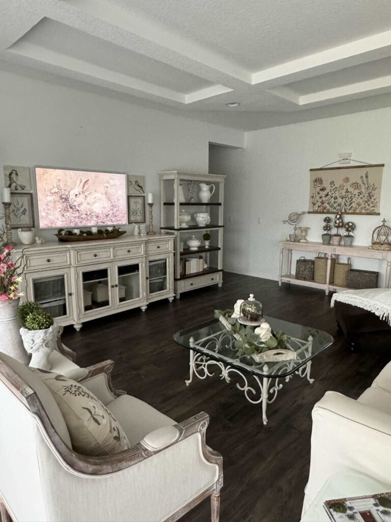 Living room decorated for spring before the makeover.