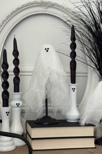 DIY ghost milk glass vases and ghosts made with cheesecloth.