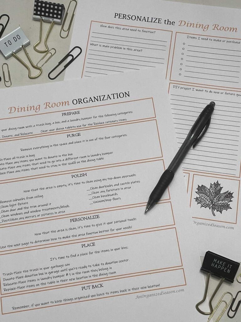 Two dining room organization printable work sheets. 