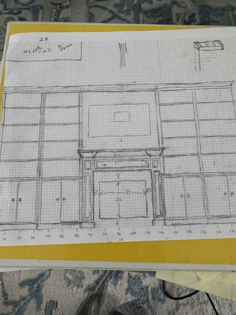 Graph paper showing example sketch of built-in, tv wall, and mantle design.