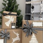 Christmas gifts wrapped in brown craft paper with sheet music tags.