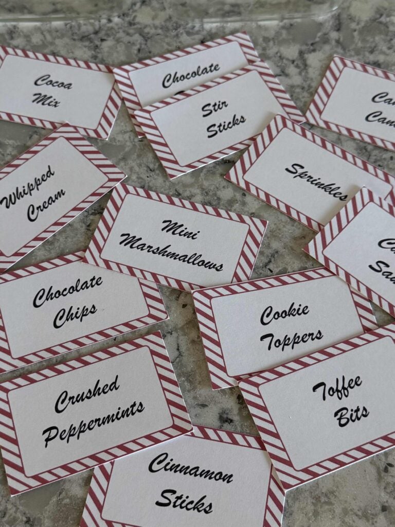Labels with a peppermint border with words for a hot chocolate bar. 