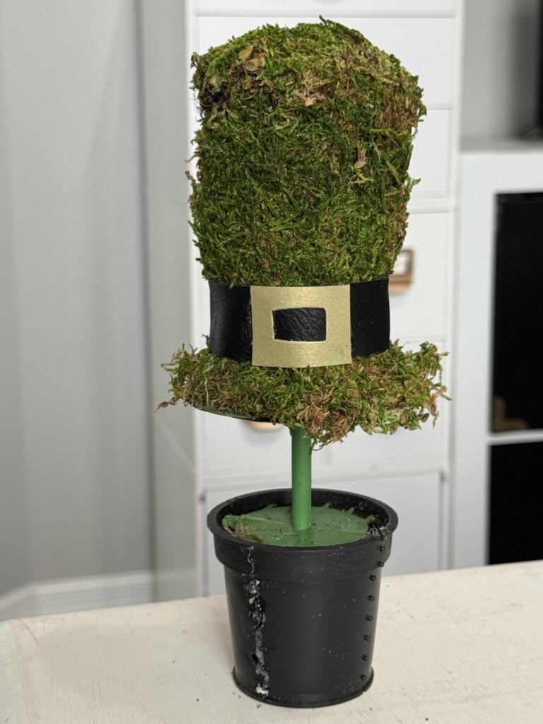 A Dollar Tree leprechaun top hat with moss covering the hat and a black hat band with a gold buckle made from cardstock.