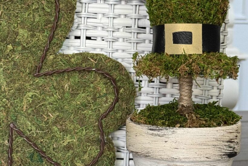 A DIY moss covered leprechaun hat topiary in a painted pot.