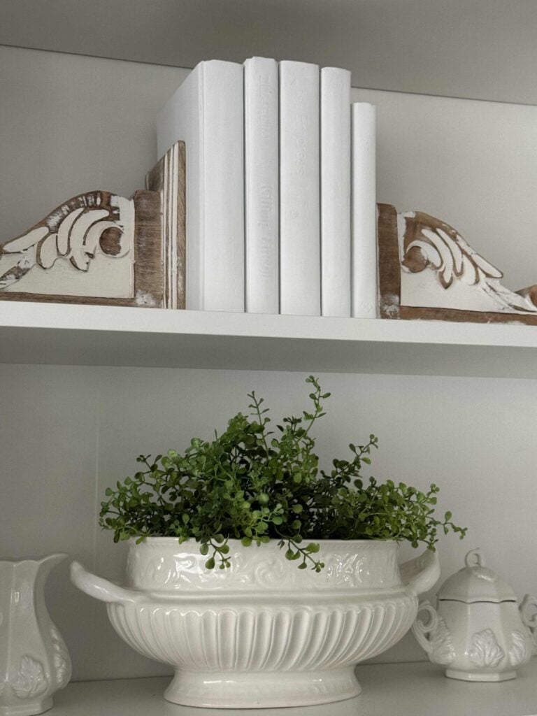 White bookshelves with white soup tureen filled with greenery, ironstone cream and sugar, and white books between decorative corbels. 