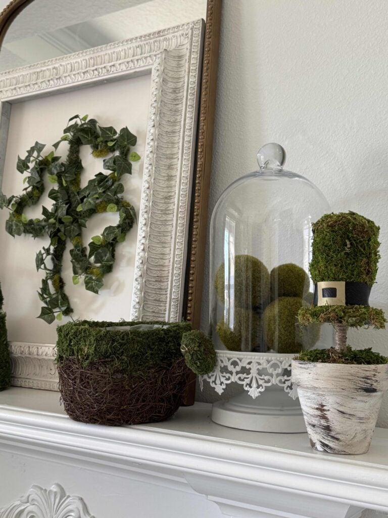 A DIY St. Patrick's shamrock wreath next to a glass cloche holding moss balls, a faux watering can, and a leprechaun hat topiary! 