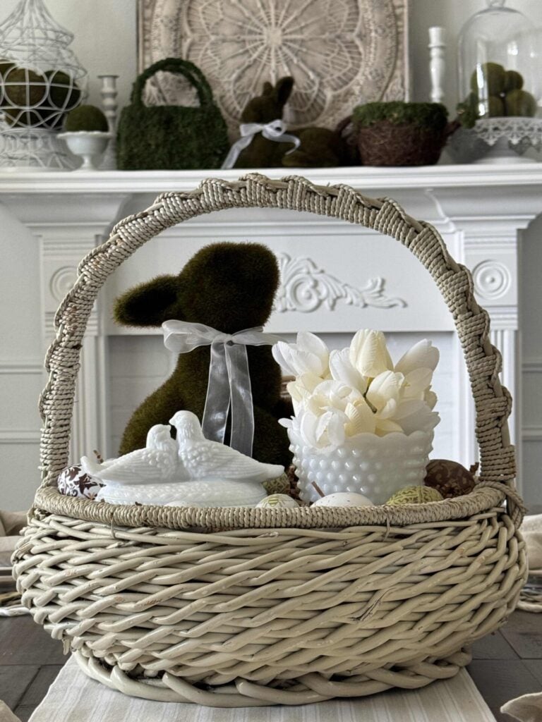 A DIY Easter centerpiece in a vintage basket. 