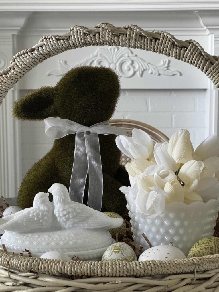 A DIY Easter centerpiece in a vintage basket. 