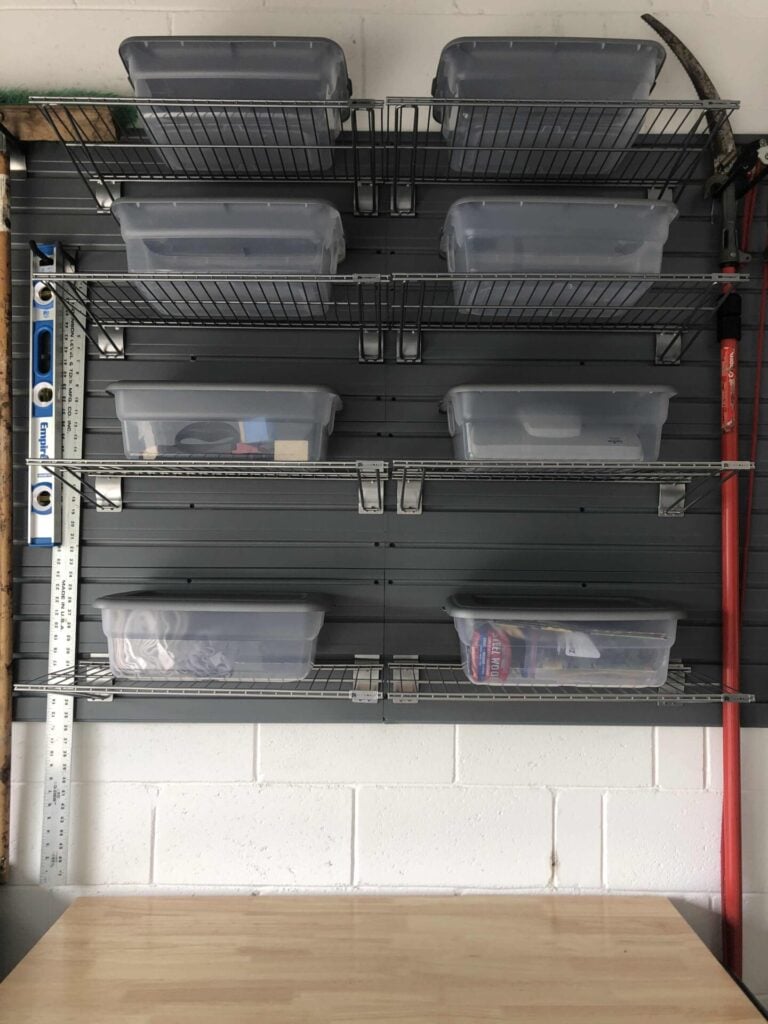 Adding a garage wall storage system with wire shelves holding plastic bins is a great spring organization project. 