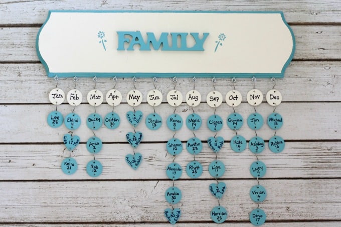 A wood board that shows all the birthdays a family has.