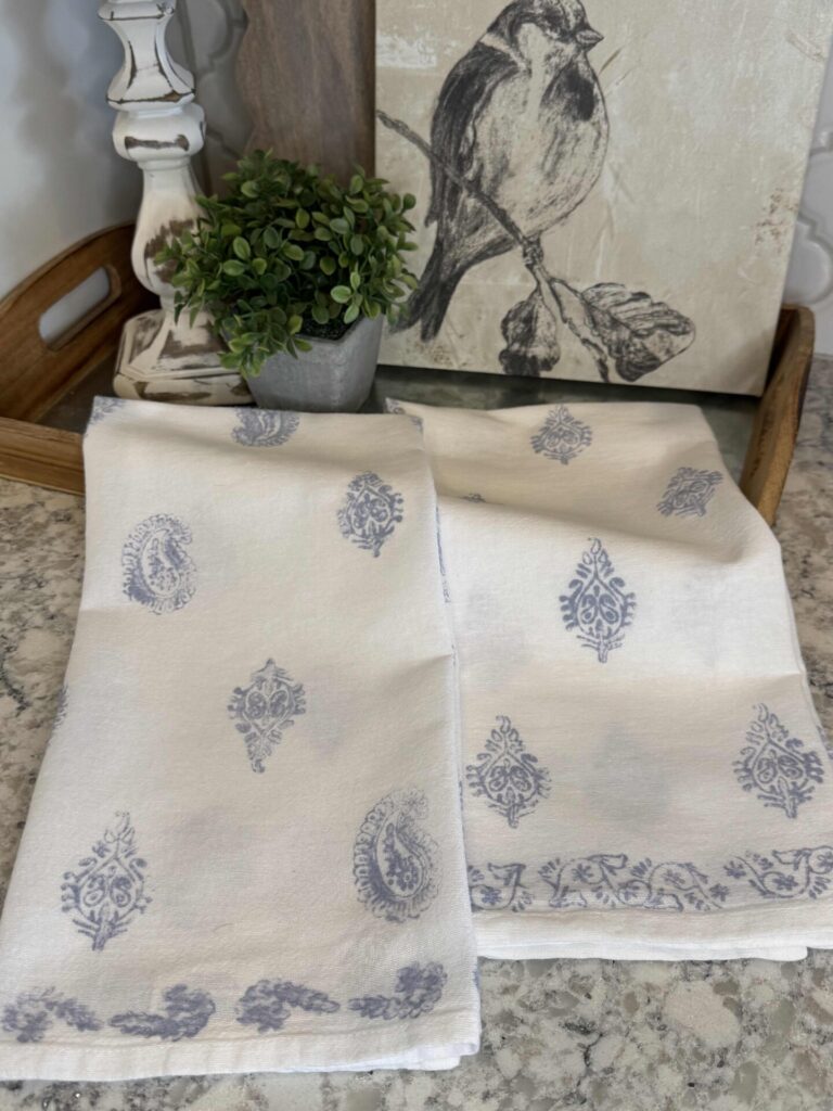Blue and white DIY block-print kitchen towels.
