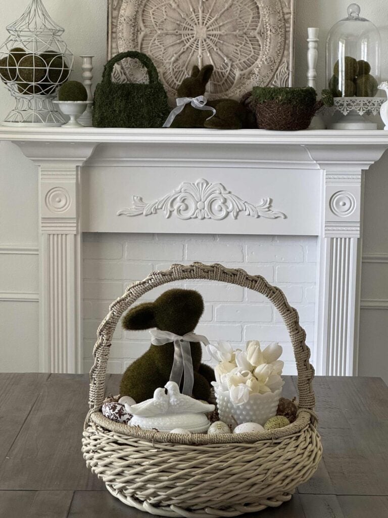 A DIY Easter centerpiece in a vintage basket. 