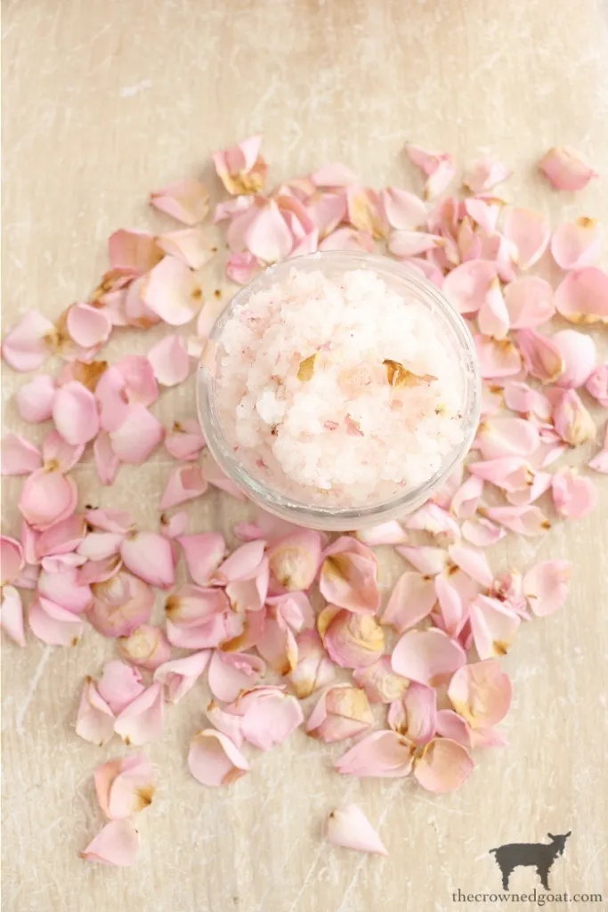 A DIY bath soak and salt scrub surrounded by rose petals will make a wonderful Mother's Day gift.
