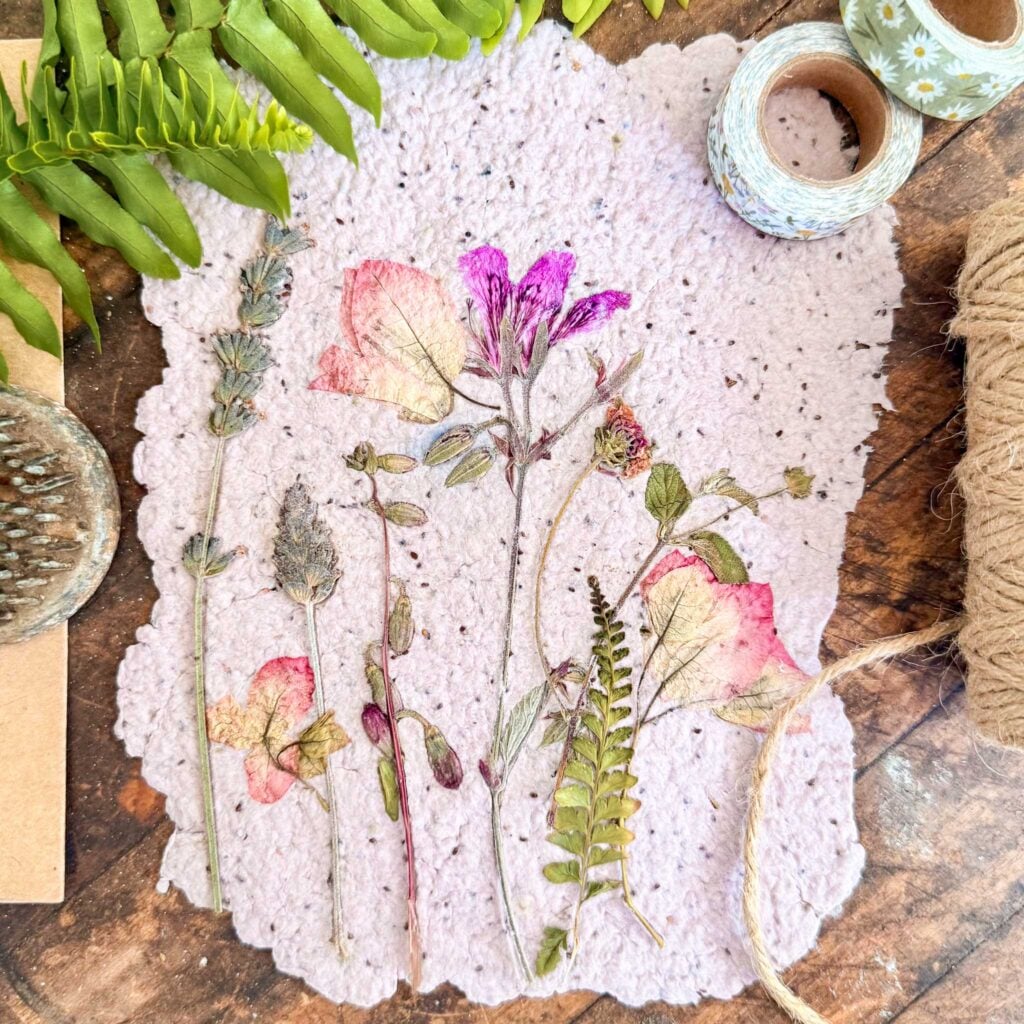 Paper made from seeds with dried flowers on it. 