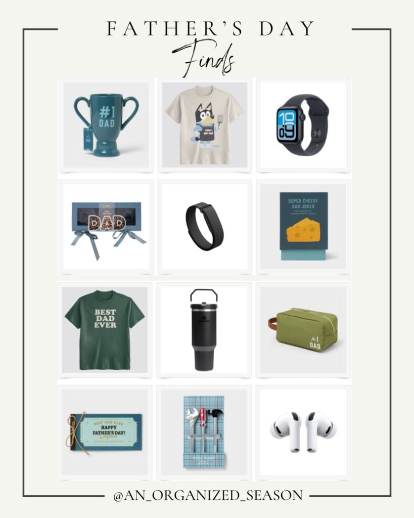 A collage of twelve Fathers Day gift ideas from Seasonal Sentiments May 2026 Rewind, including mugs, T-shirts, watch bands, plaques, a card, tote, tumbler, toiletry bag, sign, grilling tools, and wireless earbuds—neatly arranged in a grid.