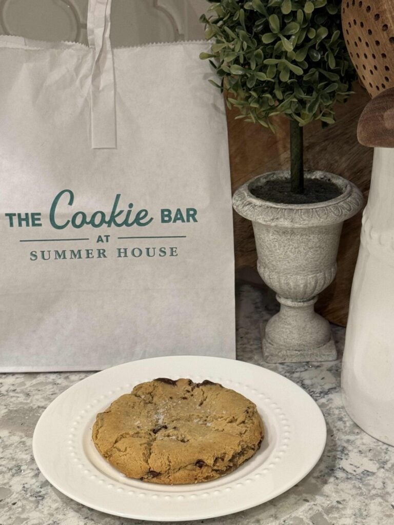 A large chocolate chip cookie on a white plate sits on a countertop. Behind it, there is a white paper bag labeled The Cookie Bar at Summer House and a decorative potted plant.