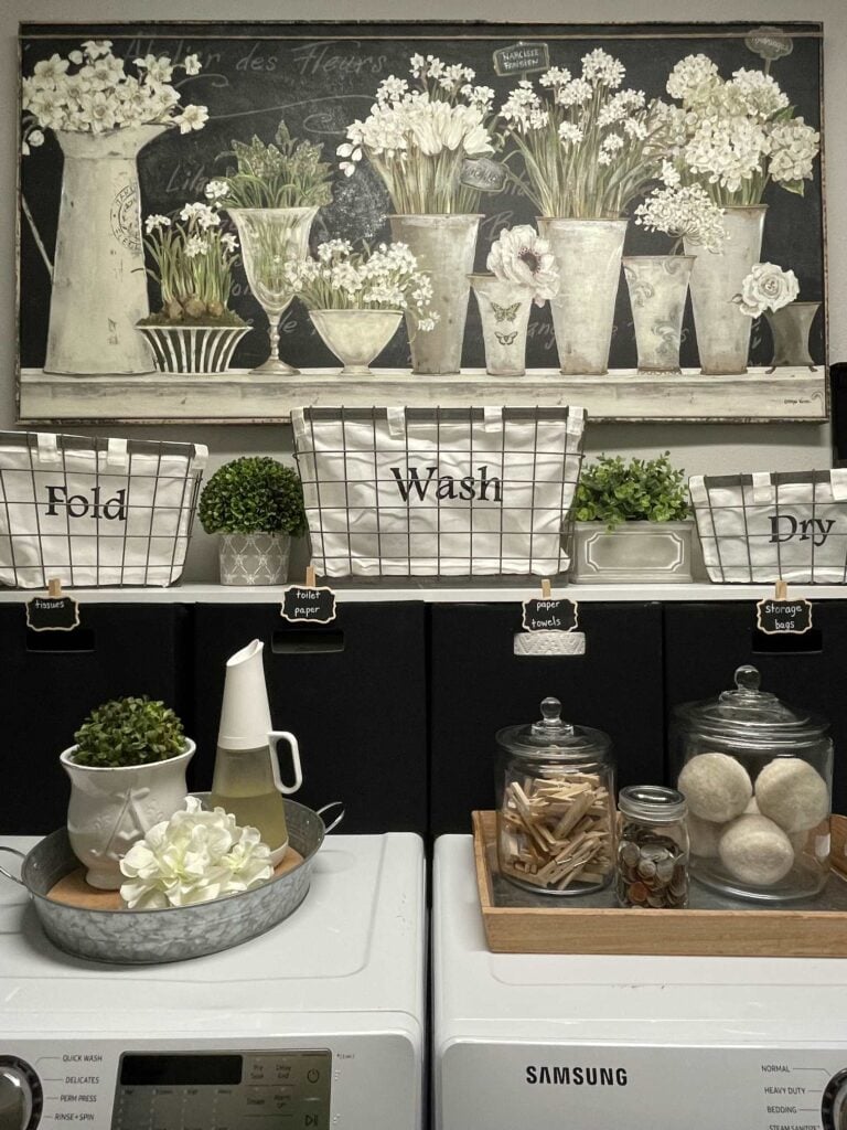 A laundry room features labeled bins for “Fold,” “Wash,” and “Dry,” decorative plants, jars of clothespins and dryer balls, wall art with white flowers in vases above the appliances, plus a drawer to organize greeting cards for any occasion.