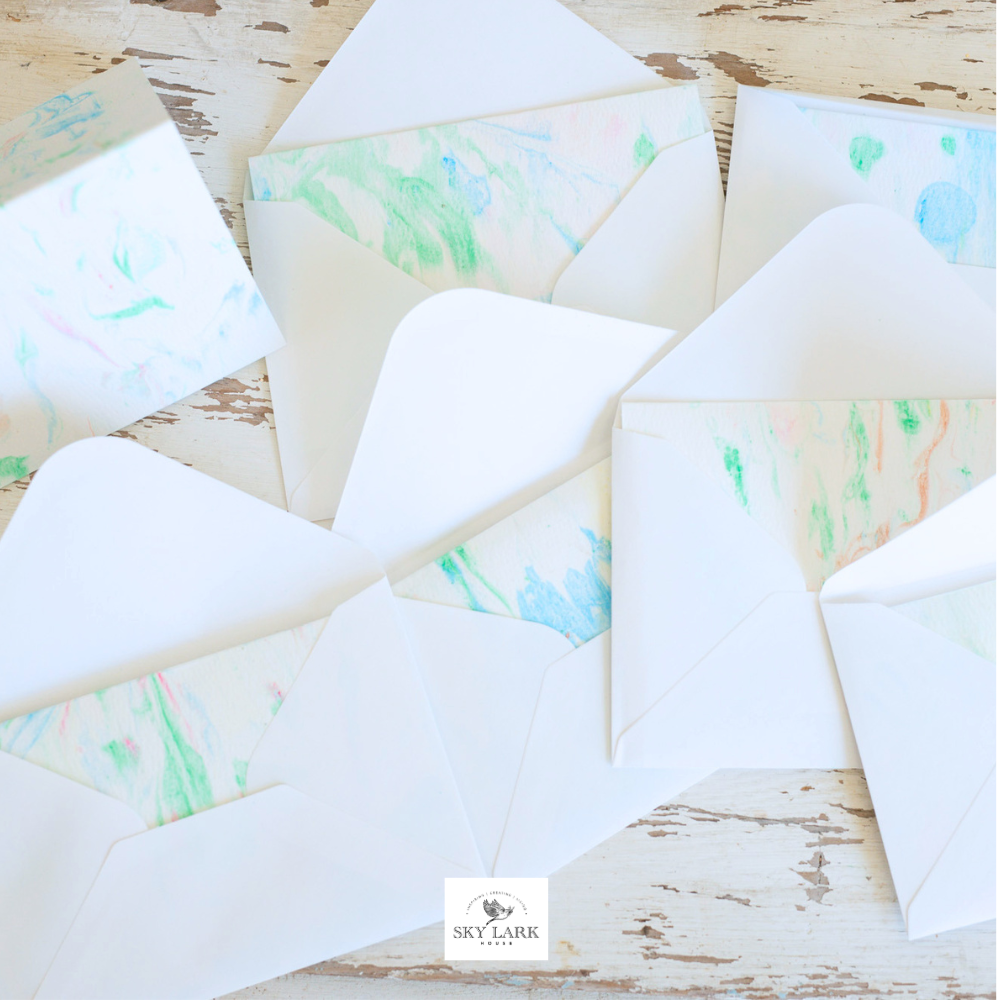 Handmade marble cards made with shaving cream. 