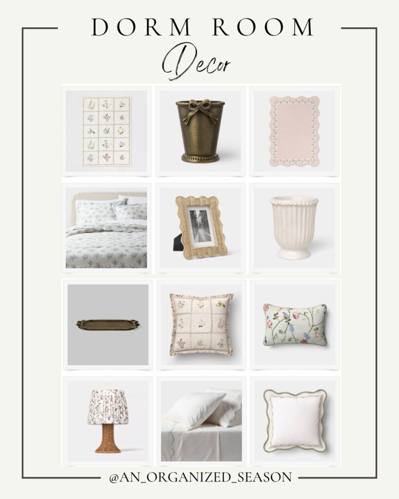 A collage of 14 pastel-colored dorm room decor items, including bedding, pillows, a lamp, frames, a vase, a gold tray, and decorative containers, all with elegant, vintage-inspired designs.