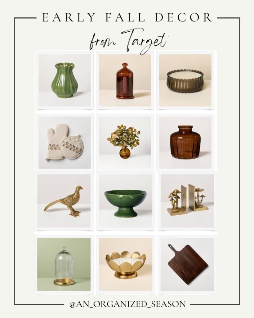 A collage of early fall decor items from Target, including vases, bowls, a candle, mitts, bookends, a cutting board, and decorative pieces in green, brown, gold, and neutral tones. 