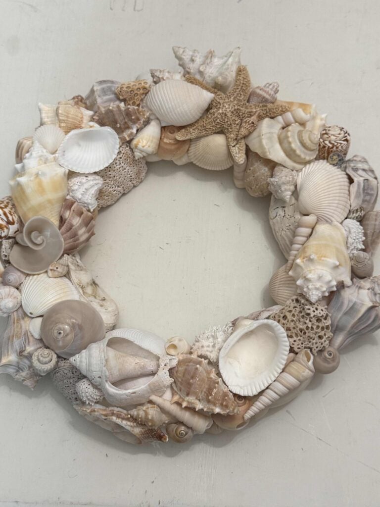 A decorative DIY Shell Wreath made of various seashells and a starfish, beautifully arranged in a circle on a light-colored surface.