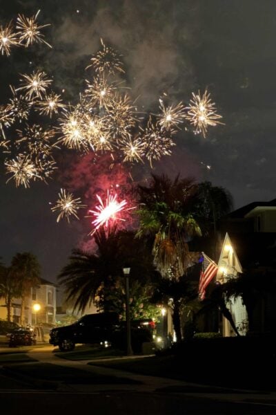 Fireworks light up the night sky above a suburban neighborhood with palm trees, parked cars, and a house displaying an illuminated American flag—a vibrant scene that captures the spirit of Seasonal Sentiments July 2026 Rewind.