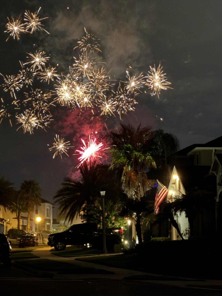 Fireworks light up the night sky above a suburban neighborhood with palm trees, parked cars, and a house displaying an illuminated American flag-part for our Seasonal Sentiments July Rewind.