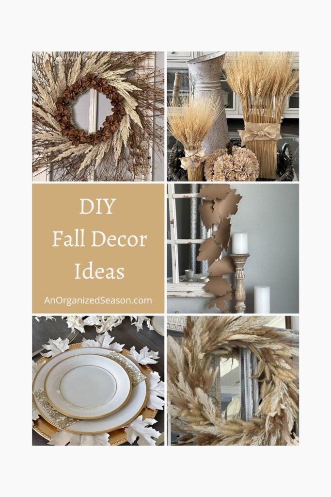Collage of DIY fall decor ideas featuring wreaths of dried grasses, golden accents, wheat bundles, candles with leaf garland, and an elegant table setting with gold-trimmed plates. Text reads DIY Fall Decor Ideas.