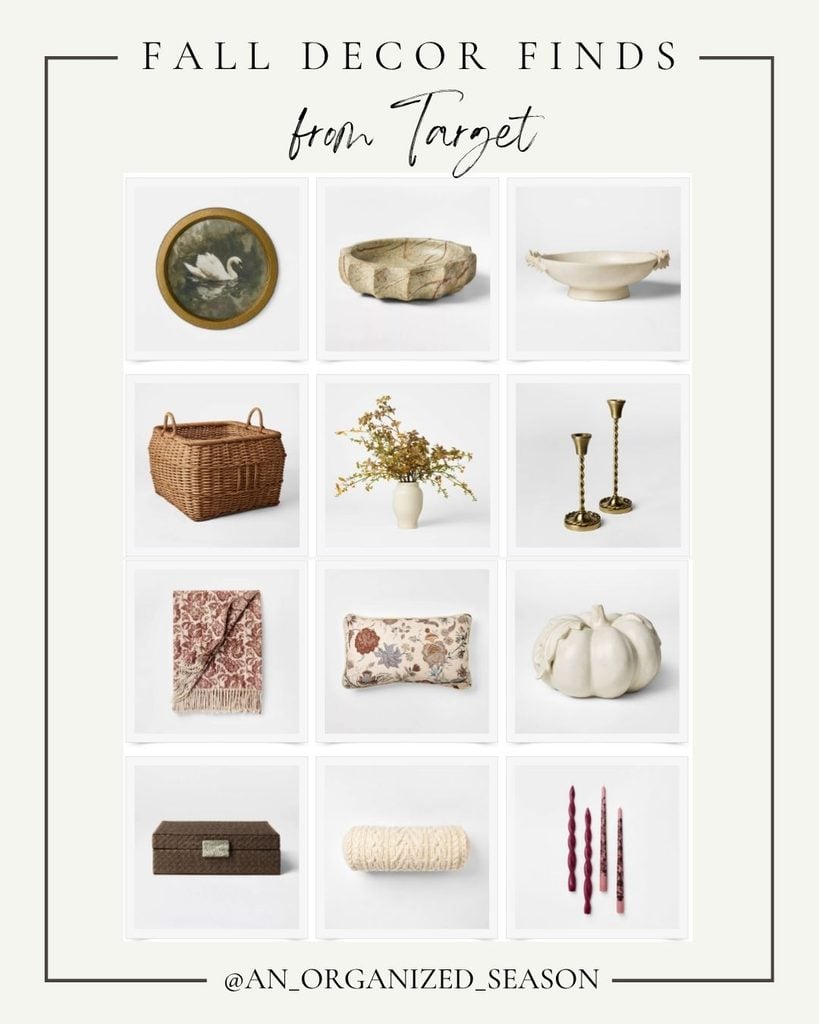 A collage of 12 fall decor items, including a basket, vase, candlesticks, pumpkin, cozy throw, decorative bowl, floral pillow, and candles, with the text Fall Decor Finds from Target above.