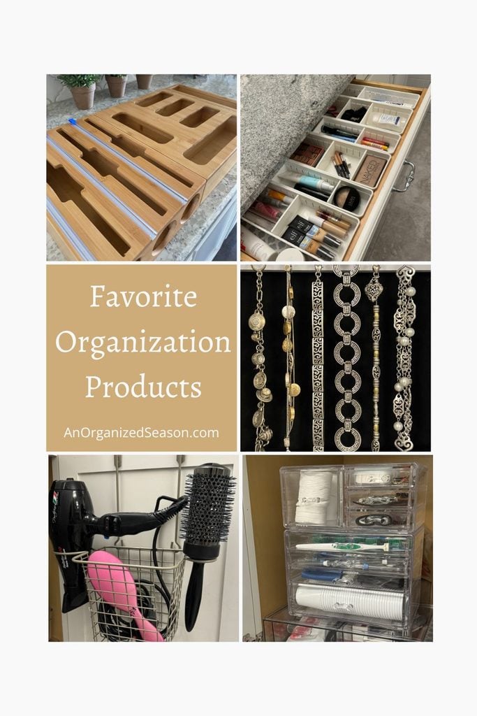 Collage of storage ideas: bamboo drawer dividers, makeup organizers, hanging jewelry, wire bin with hair tools, and clear acrylic organizer—showcasing our favorite home organization products. Text in the center reads Favorite Organization Products.