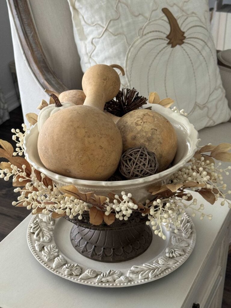 A decorative bowl filled with dried gourds, a woven ball, and faux white berries sits on an ornate plate—an inviting centerpiece perfect for those seeking DIY fall decor ideas. In the background, a pumpkin-themed pillow decorates a chair.