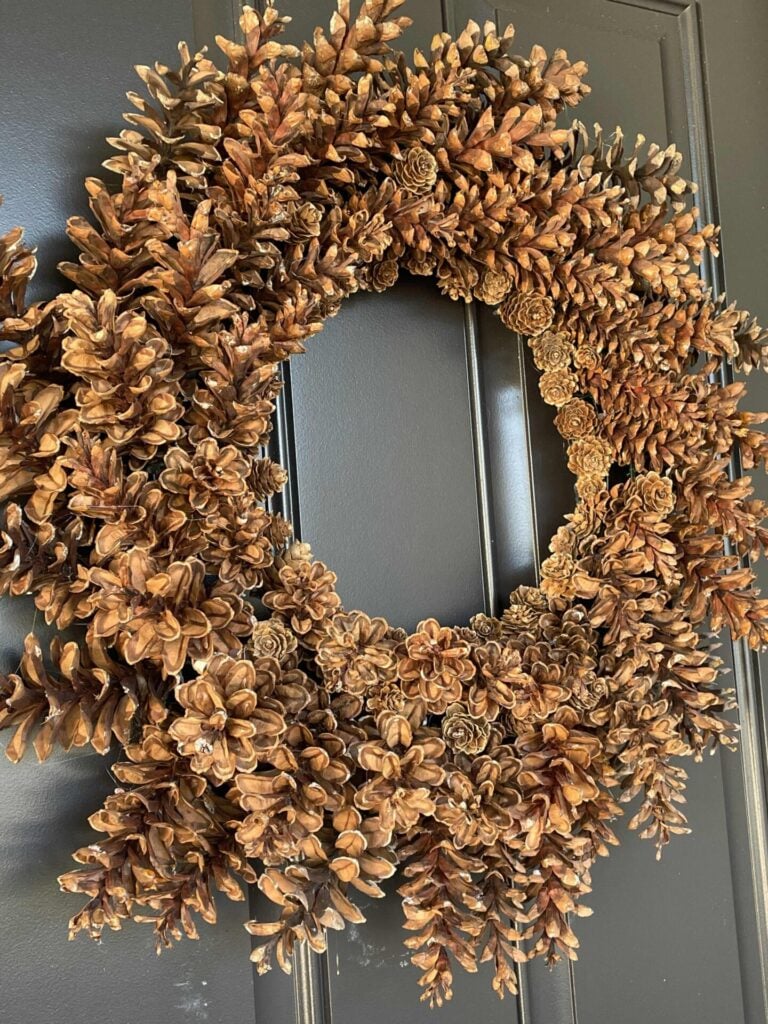 A large wreath made of brown pinecones hangs on a dark-colored door. The pinecones create a textured, rustic appearance, giving the wreath a natural and earthy look—perfect inspiration for those seeking DIY fall decor ideas.