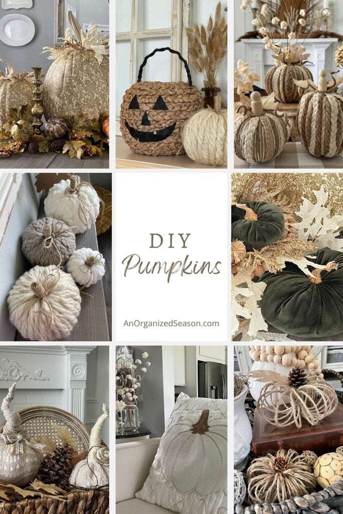 A collage of decorative fabric, yarn, and twine pumpkins in neutral and earthy tones, arranged among autumn leaves, pinecones, and baskets showcases creative DIY pumpkin ideas. The scene is completed with “DIY Pumpkins” text in the center.