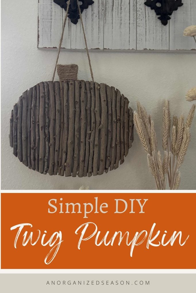 A rustic pumpkin decor made from vertical twigs hangs on a wall, with DIY Twig Pumpkin written below in white and orange text. Pampas grass is arranged beside the pumpkin, adding a charming touch to this simple and creative fall project.