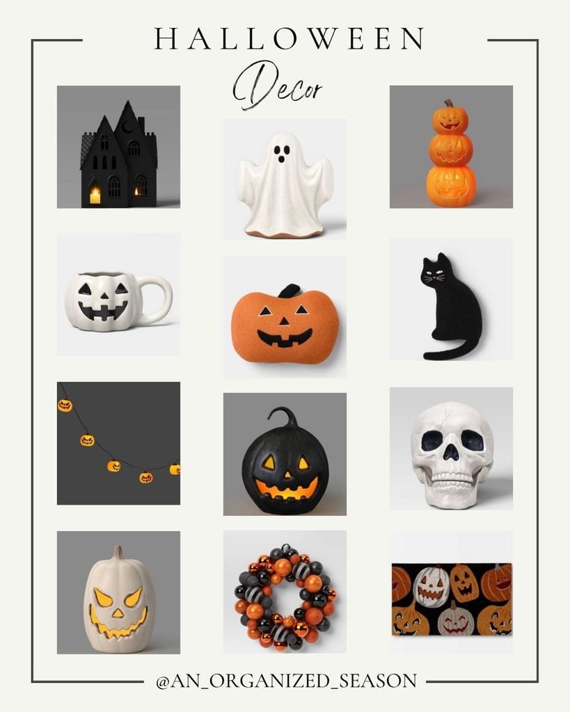 A grid of Halloween-themed decor: haunted house, ghost, pumpkin stack, jack-o-lantern mug, orange pumpkin, black cat, pumpkin string lights, black pumpkin, skull, evil pumpkin, pumpkin wreath, and jack-o-lantern faces—perfect for capturing the Seasonal Sentiments September 2026 Rewind spirit.