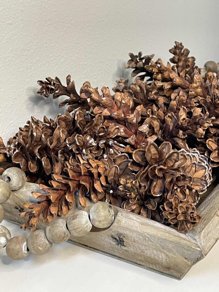 A rustic wooden tray filled with brown pinecones and a strand of round wooden beads, set against a light background.