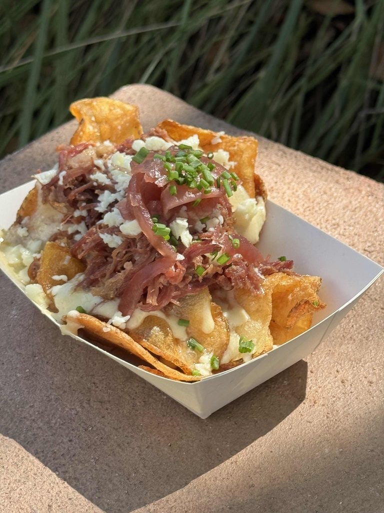 A paper tray holds crispy chips topped with shredded meat, crumbled cheese, and chopped chives, placed outdoors on a stone surface with green plants in the background.